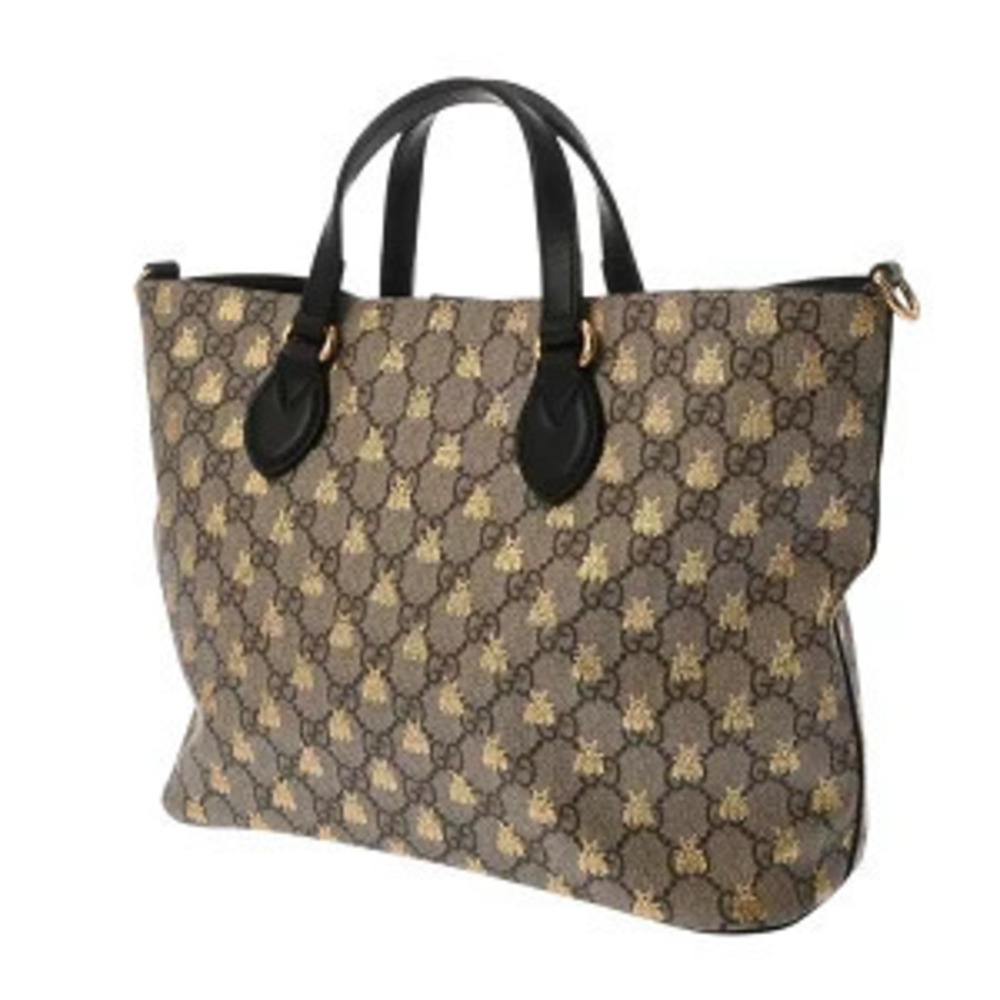 Gucci Bee Handbag Beige Cream Ebony Black Soft GG Supreme Leather Tote Bag